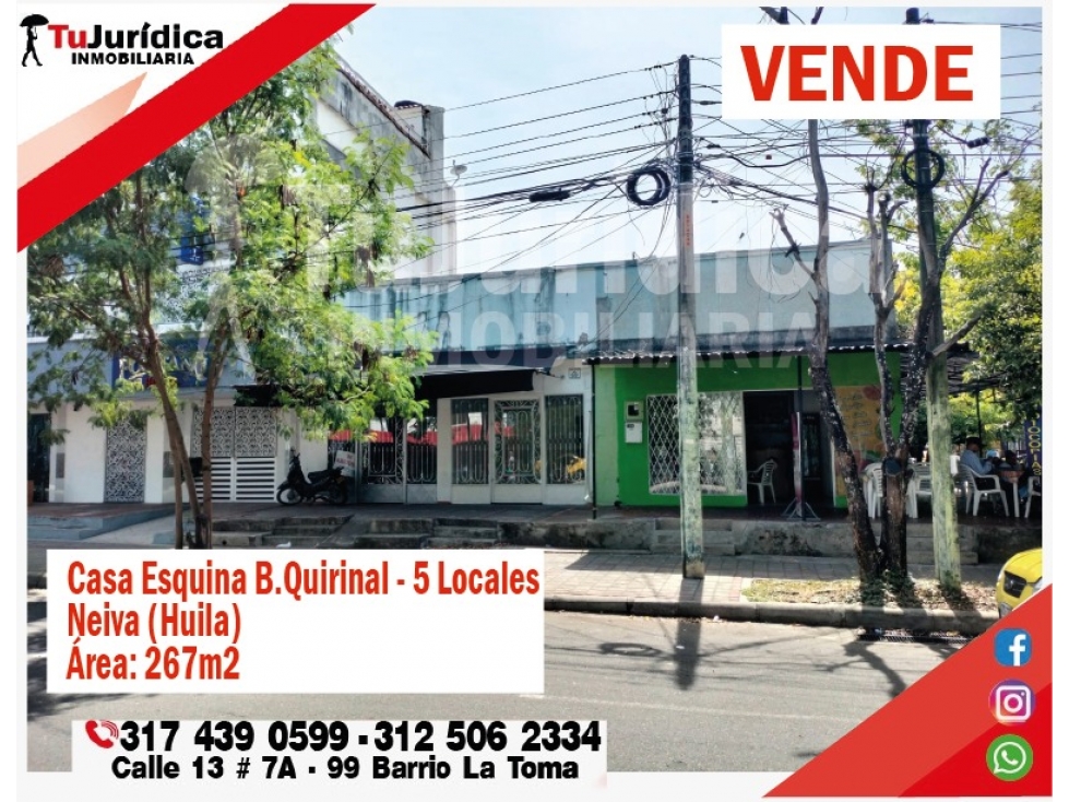 SE VENDE CASA COMERCIAL 5 LOCALES - B. QUIRINAL - NEIVA (HUILA-COL)