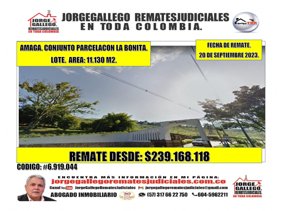 Remate. Amaga. Conjunto Parcelacion La Bonita. Lote.